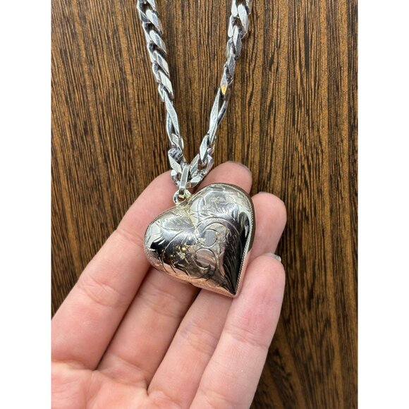 Sterling Silver Rope Necklace and Puffed Heart Pendant 18" Chain Link 52 Grams - Picture 10 of 10